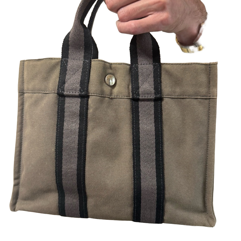 Authentic Hermès Gray Canvas Fourre Tout PM Handbag